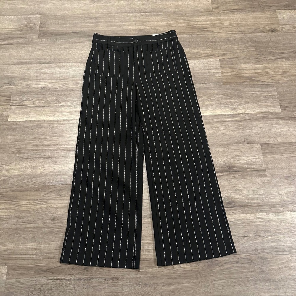 LOFT The Palmer Wide Leg Pants Size 10 Black White Pinstripe High Rise NWT